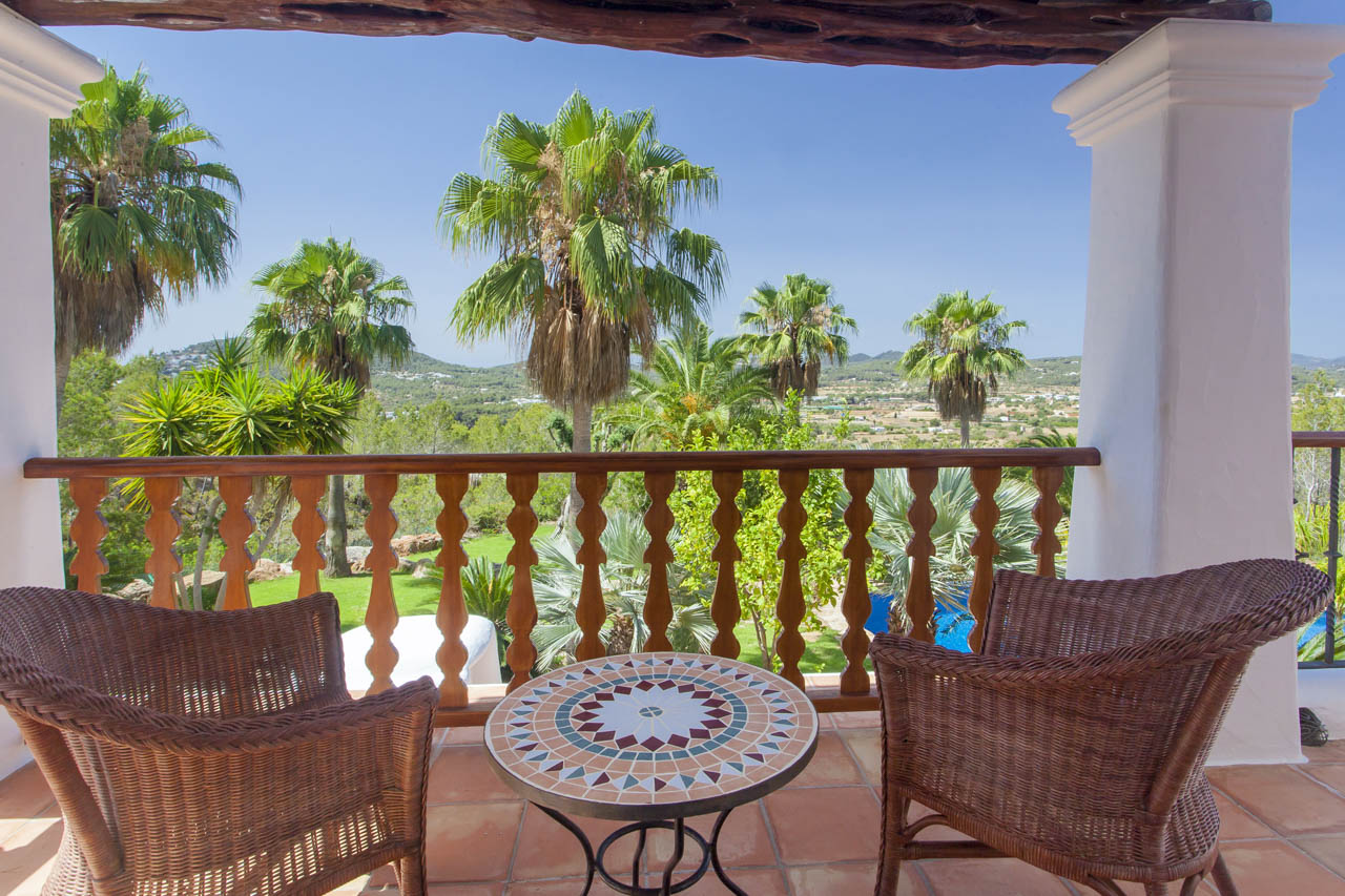 Incredible views to the garden and the landscape from the terrace of the house to rent in ibiza